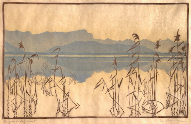 Lake View with Reeds and Mountains, by Eva Roemer, Germ.-Aust., (1889-1977)